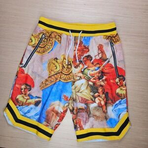 Rebel Minds Renaissance Mesh Shorts Mens S Yellow Graphic Baroque Art Streetwear